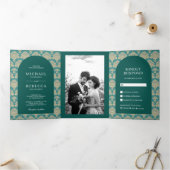 ティール(緑がかった色)ダマスクパターンモロッコアー結婚チの写真 三つ折り招待状 (内部)