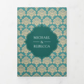 ティール(緑がかった色)ダマスクパターンモロッコアー結婚チの写真 三つ折り招待状 (カバー)