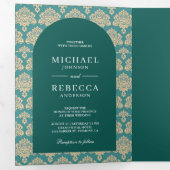ティール(緑がかった色)ダマスクパターンモロッコアー結婚チの写真 三つ折り招待状 (内部最初)