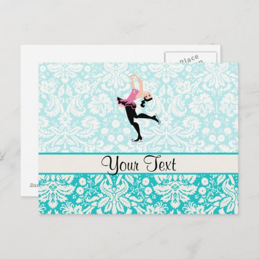 ティール(緑がかった色)ダマスクパターン氷スケートで滑る ポストカード (正面/裏面)