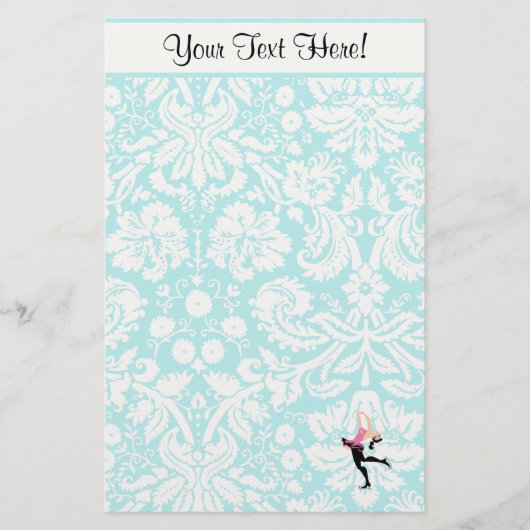 ティール(緑がかった色)ダマスクパターン氷スケートで滑る 便箋 (正面)