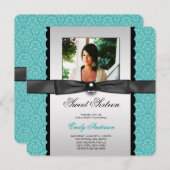 ティール(緑がかった色)ダマスクフォトスイート16パーティー 招待状 (正面/裏面)