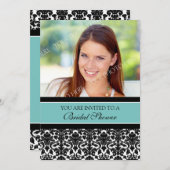 ティール（緑がかった色）ダマスクフォトブライダルシャワー招待状 招待状 (正面/裏面)