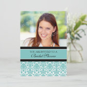 ティール（緑がかった色）ダマスクフォトブライダルシャワー招待状 招待状 (スタンド正面)