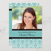 ティール（緑がかった色）ダマスクフォトブライダルシャワー招待状 招待状 (正面/裏面)