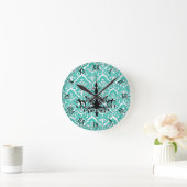 ティール(緑がかった色)ダマスクブラックシャンデリア ラウンド壁時計 (ホーム)