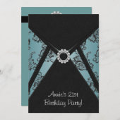 ティール（緑がかった色）ダマスクブラック21歳パーティの招待状 招待状 (正面/裏面)
