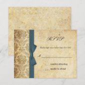 ティール(緑がかった色)ダマスクボウウェディングRSVP 出欠カード (正面/裏面)