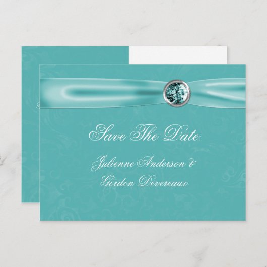 ティール(緑がかった色)ダマスクリボン宝石の日付の保存 案内ポストカード (正面/裏面)