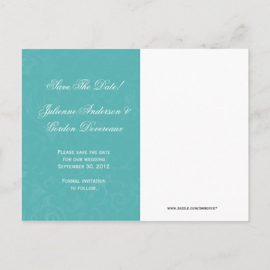 ティール（緑がかった色）ダマスクリボン宝石の日付の保存 案内ポストカード (裏面)