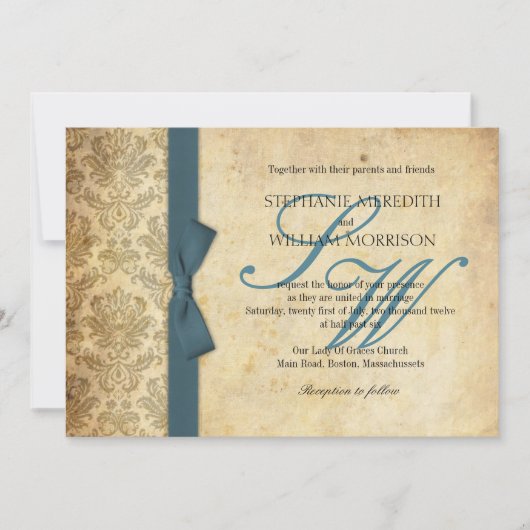 ティール（緑がかった色）ダマスクヴィンテージボウ結婚式招待状 招待状 (正面)