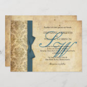 ティール（緑がかった色）ダマスクヴィンテージボウ結婚式招待状 招待状 (正面/裏面)