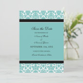 ティール（緑がかった色）ダマスク写真ウェディング日付カードを保存 セーブザデート (スタンド正面)