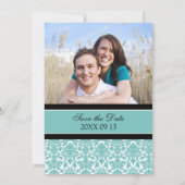 ティール（緑がかった色）ダマスク写真ウェディング日付カードを保存 セーブザデート (裏面)