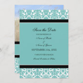 ティール（緑がかった色）ダマスク写真ウェディング日付カードを保存 セーブザデート (正面/裏面)