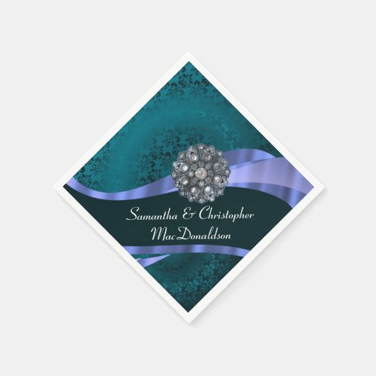 ティール(緑がかった色)ダマスク及びクリスタルライン石 スタンダードカクテルナプキン (角)
