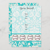 ティール（緑がかった色）ダマスク模様ソフトボール 招待状 (正面/裏面)