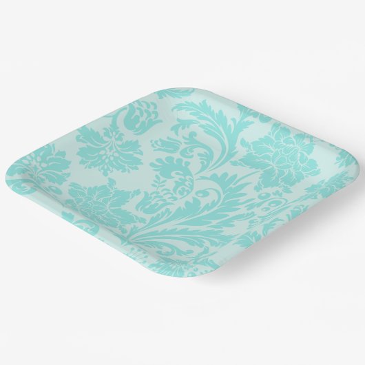 ティール（緑がかった色）ダマスク紙プレート ペーパープレート (傾斜あり)