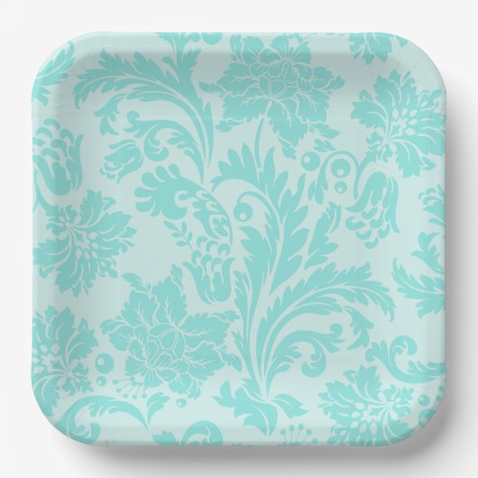 ティール（緑がかった色）ダマスク紙プレート ペーパープレート (正面)