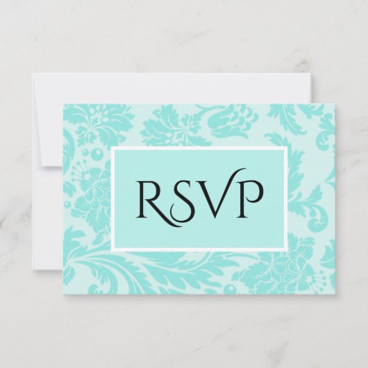ティール(緑がかった色)ダマスク結婚式サンキューカード 出欠カード (正面)