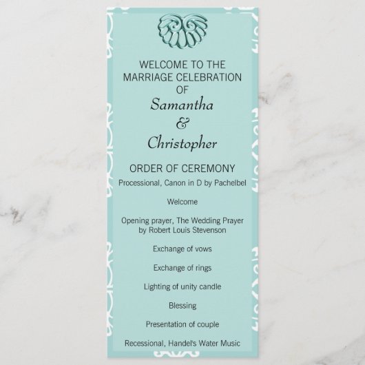 ティール(緑がかった色)ダマスク結婚式プログラム プログラム (正面)