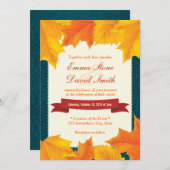 ティール（緑がかった色）ダマスゴールデン葉秋の結婚式招待状 招待状 (正面/裏面)