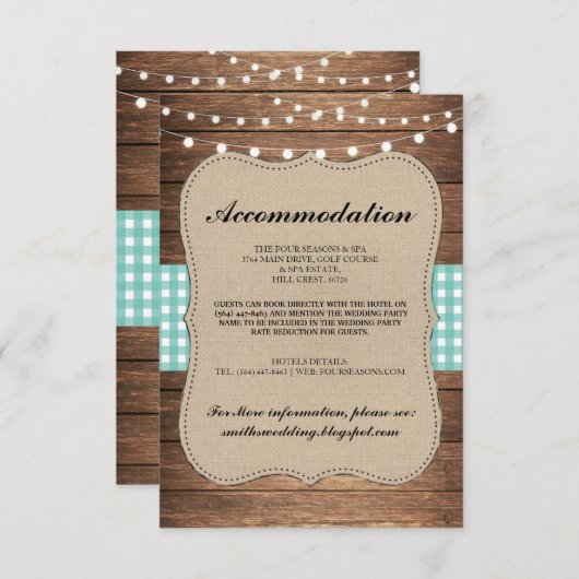 ティール（緑がかった色）チェッ素朴ク宿泊木製ウェディングカード エンクロージャーカード (正面/裏面)