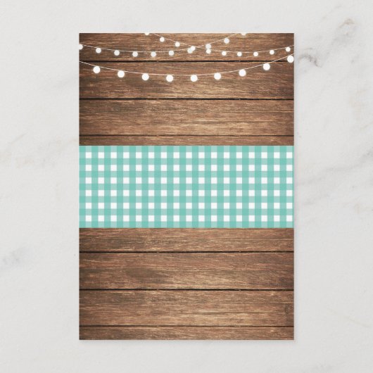 ティール（緑がかった色）チェッ素朴ク宿泊木製ウェディングカード エンクロージャーカード (裏面)