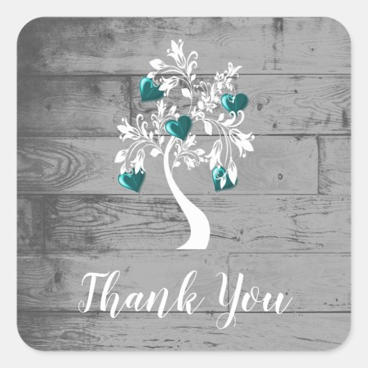 ティール(緑がかった色)ツリーのハートありがとうシール スクエアシール (正面)