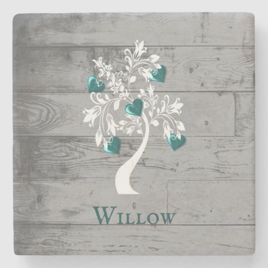 ティール(緑がかった色)ツリーのハートスパーソナライズされたトーンコースター ストーンコースター (正面)