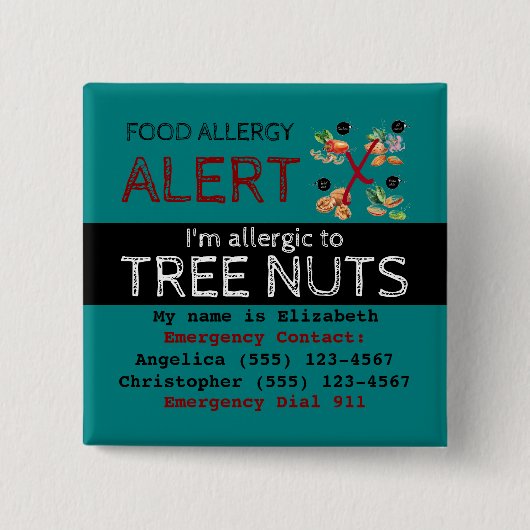 ティール(緑がかった色)ツリーナッツ食品アレルギー警告ラベル 缶バッジ (正面)