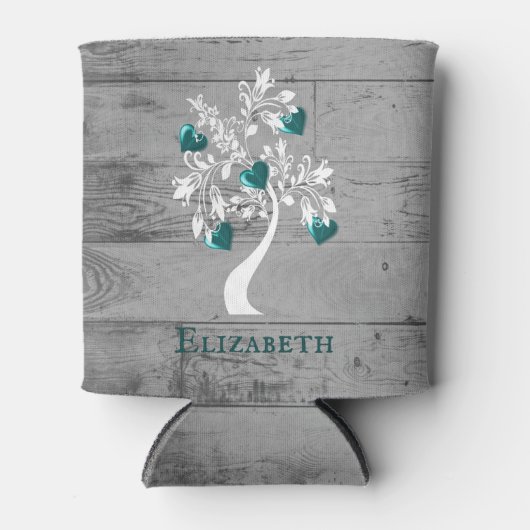 ティール(緑がかった色)ツリーハートパーソナライズされたクーラーボックス 缶クーラー (正面)