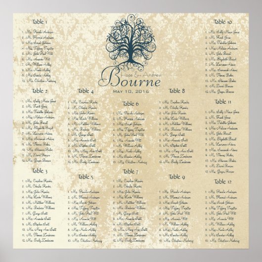 ティール（緑がかった色）ツリー動揺してレースダマスクのシーティングチャート ポスター (正面)