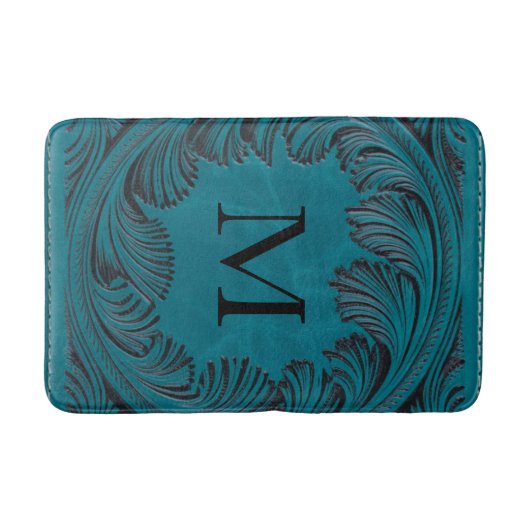 ティール(緑がかった色)ツーリングフェイクレザーウェスタンフローラデコール バスマット (正面)
