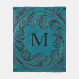 ティール（緑がかった色）ツーリングフェイクレザーウェスタンフローラデコール フリースブランケット