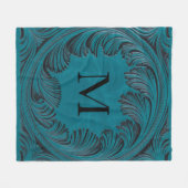 ティール（緑がかった色）ツーリングフェイクレザーウェスタンフローラデコール フリースブランケット (正面(横))