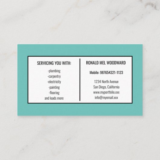 ティール（緑がかった色）ツールのハンディマンサービス名刺 名刺 (裏面)