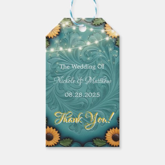 ティール（緑がかった色）ツールレザーヒマワリ結婚ーの感謝 ギフトタグ (正面)