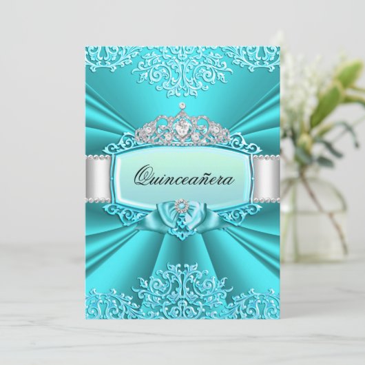 ティール(緑がかった色)ティアラダマスクキンセアニェラパーティー 招待状 (スタンド正面)