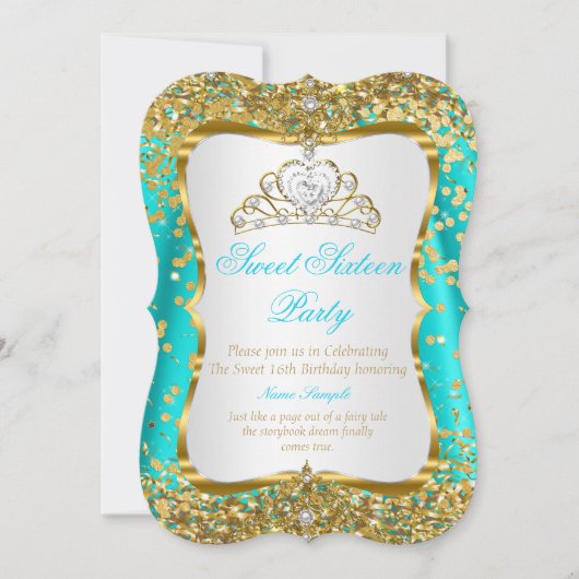 ティール（緑がかった色）ティアラプリンセススウィート16金ゴールドホワイト招待状 招待状 (正面)