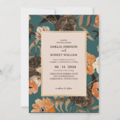 ティール(緑がかった色)テラコッタウォーターカラーフローラ秋の結婚式 招待状 (正面)