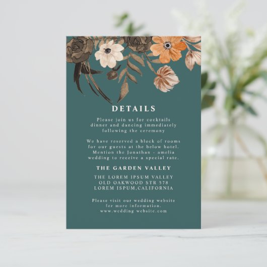 ティール(緑がかった色)テラコッタフローラ秋の結婚式詳細 エンクロージャーカード (スタンド正面)