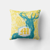 ティール（緑がかった色）ディアオンイエローヴィンテージフローラルパターン クッション (裏面)