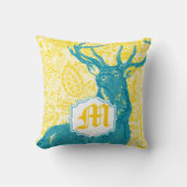 ティール（緑がかった色）ディアオンイエローヴィンテージフローラルパターン クッション (正面)
