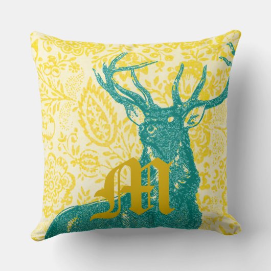 ティール（緑がかった色）ディアオンイエローヴィンテージフローラルパターン クッション (裏面)