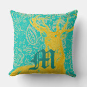 ティール（緑がかった色）ディアオンイエローヴィンテージフローラルパターン クッション (正面)