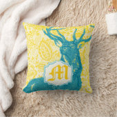 ティール(緑がかった色)ディアオンイエローヴィンテージフローラルパターン クッション (ブランケット)