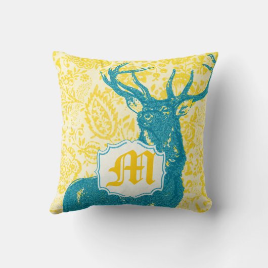 ティール（緑がかった色）ディアオンイエローヴィンテージフローラルパターン クッション (裏面)