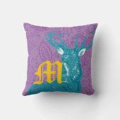 ティール(緑がかった色)ディアオンパープルヴィンテージフローラルパターン クッション (裏面)