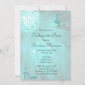 ティール(緑がかった色)ディスコボールとスパークルヒールバチェロレッテ 招待状 (裏面)